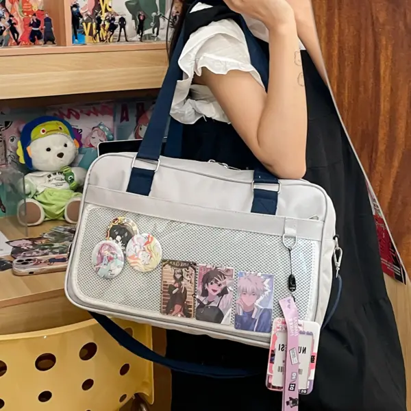 school style ita bag with clear window shown on person