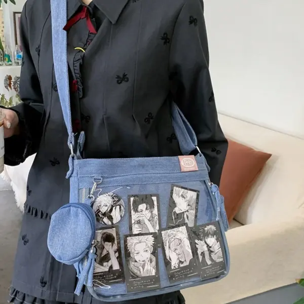person wearing denim ita bag as crossbody