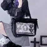Black Ita Bag with Lace Trim and Pin Display Black Ita Bag with Lace Trim and Pin Display