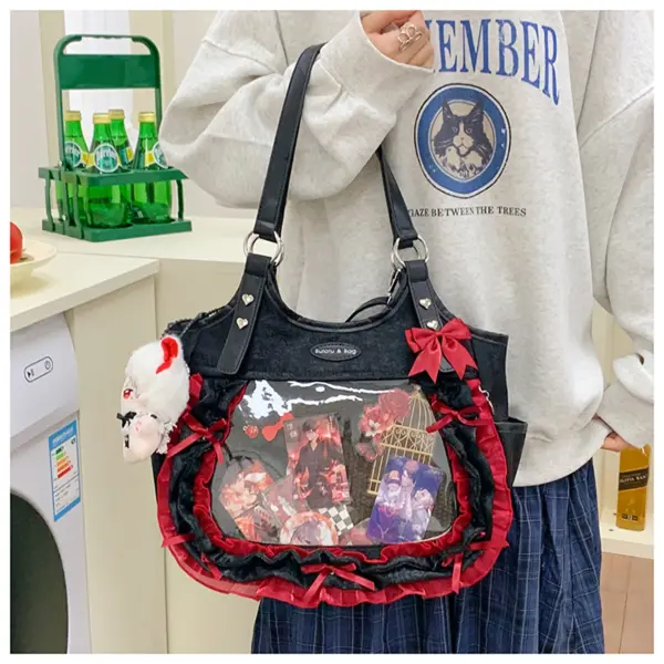 Black Ita Bag with Red Ruffles