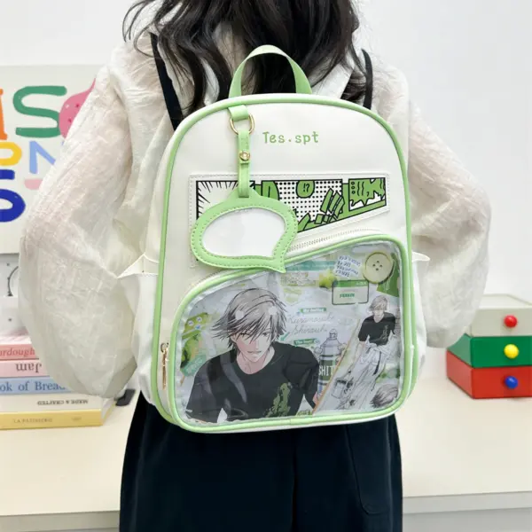 close up of clear window and speech bubble cutout on ita bag