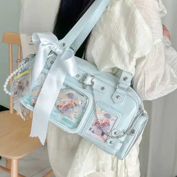 Light Blue Ita Bag for Dolls with Decorative Bow