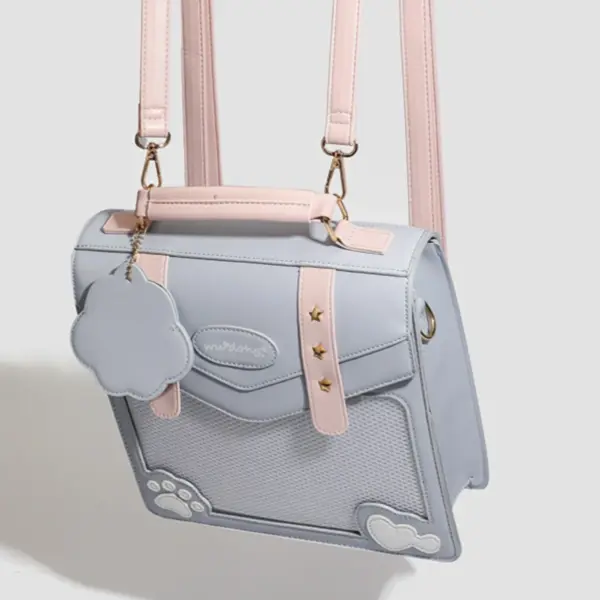 Ita bag on person at anime convention showing clear window filled with colorful pins