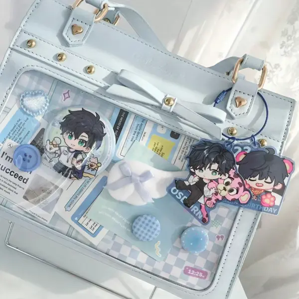 Light blue ita bag filled with character pins