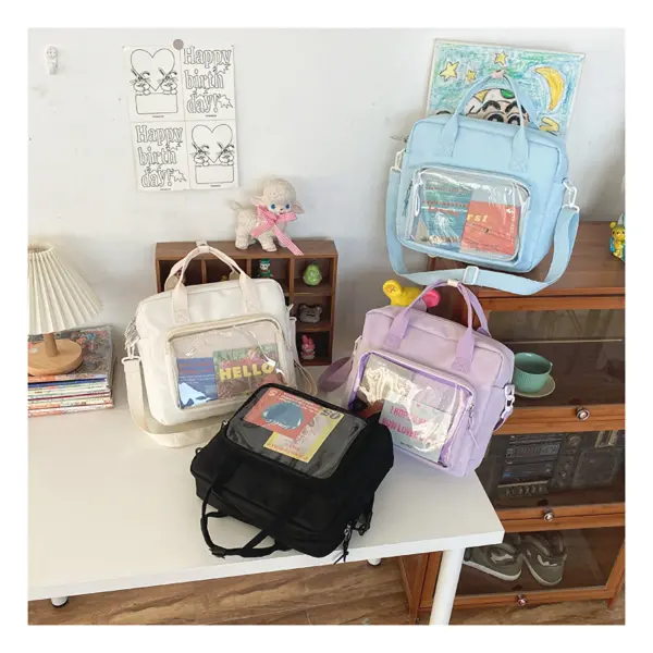 Clear window messenger bag color options Multiple color variations of clear window messenger bag