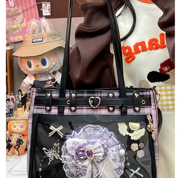 Purple rosette decoration inside ita bag window showing lace texture