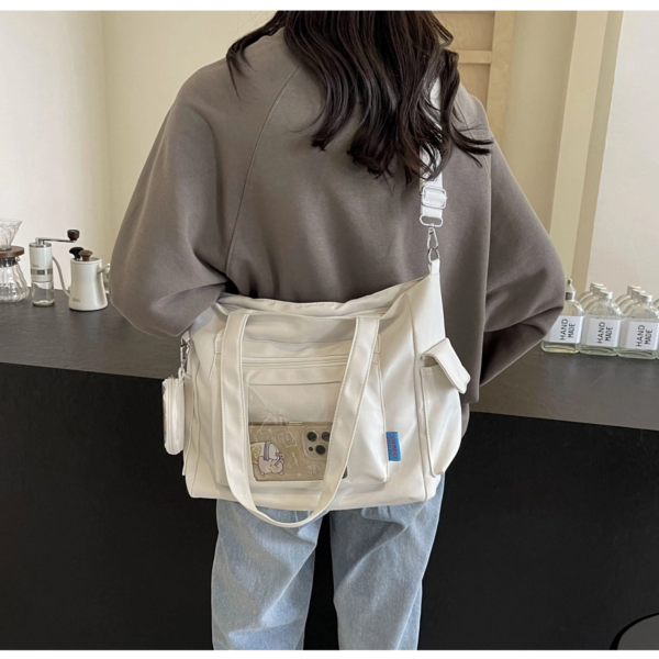Side view showing bag depth and side pocket
