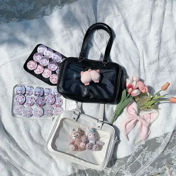 Close up of white rectangular ita bag showing zipper and side pocket