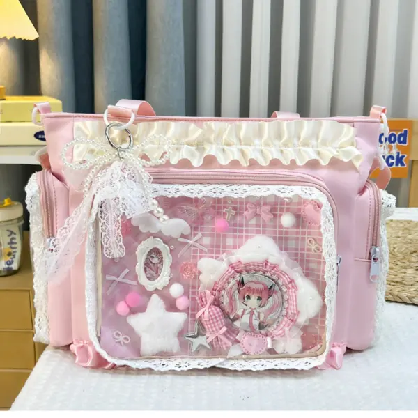Ita bag display window with pins and plush