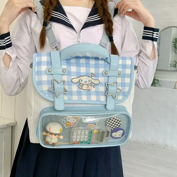 clear window ita bag displaying pins and plush