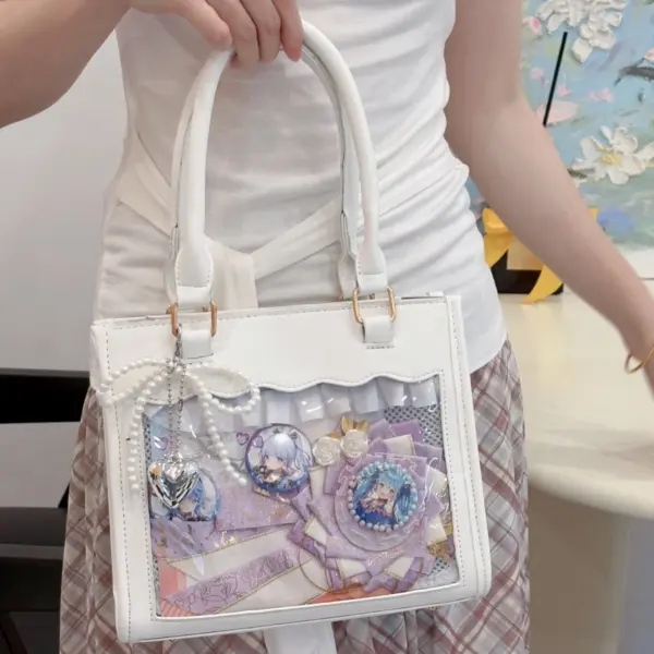 White ita bag with clear display window showing anime pins