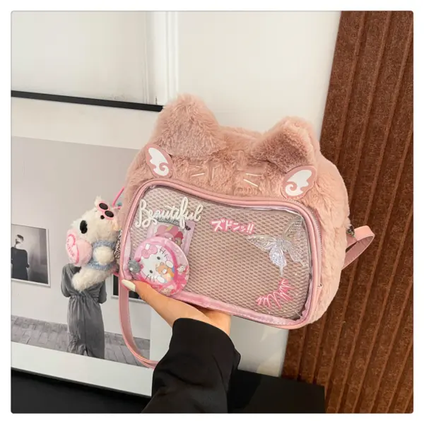 Close-up of plush cat ear ita bag window and pins