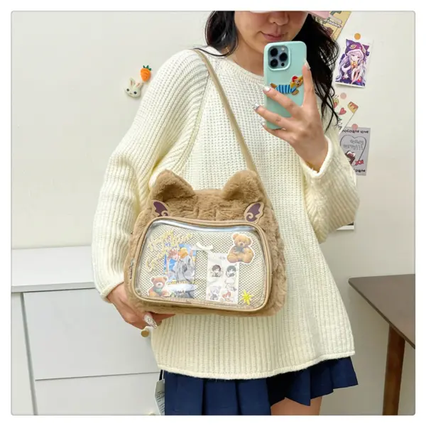 Plush bag held at waist showing size