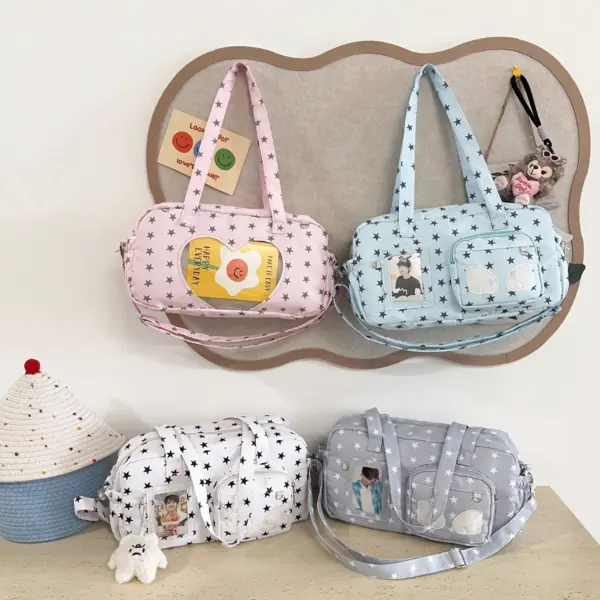 Pink and Light Blue Ita Bags on Wall