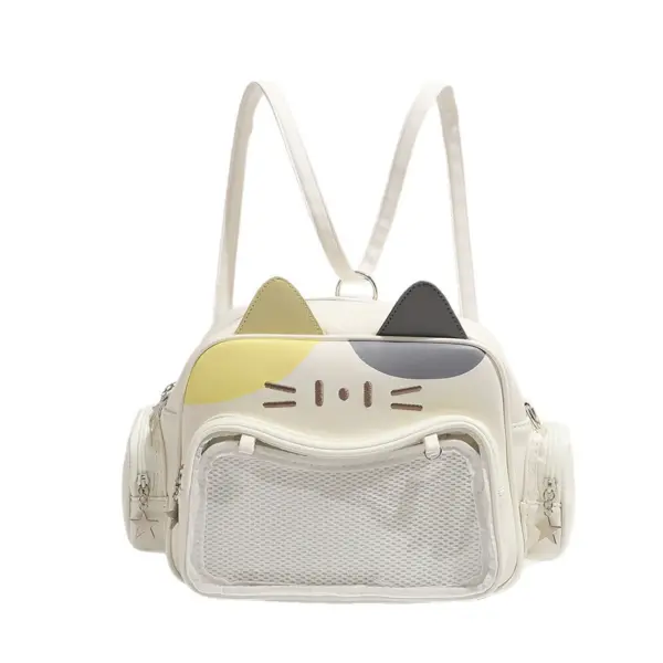 White cat ear clear window ita bag with star zipper pulls and adjustable strap displayed on white background
