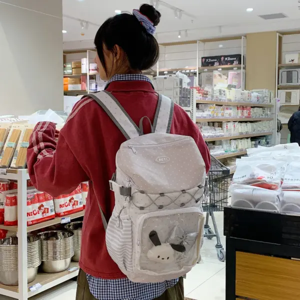 Clear window ita backpack worn by person showing front transparent pocket