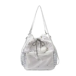 White Polka Dot Drawstring Ita Bag Front View