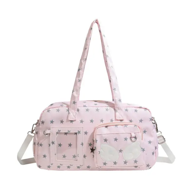 White star pattern ita bag with clear vinyl window and decorative fabric wings on white background