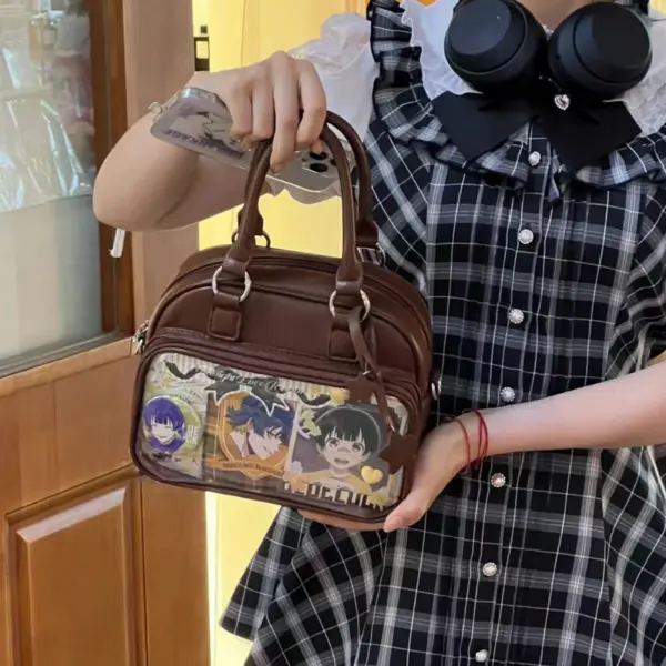 Brown ita bag held by a person showing scale and style