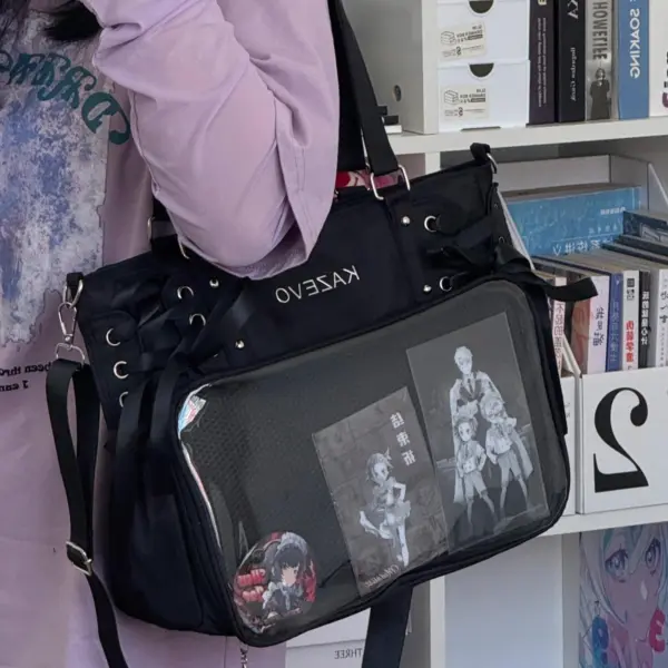 Clear window ita bag crossbody displaying anime pins and plush charm