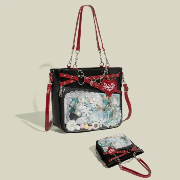 Close-up of white ita bag showing clear window and removable insert