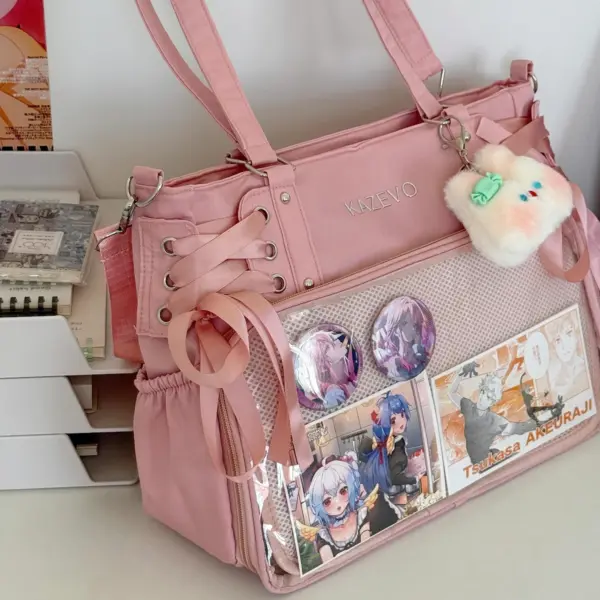 Clear window ita bag worn as crossbody by a person at an event