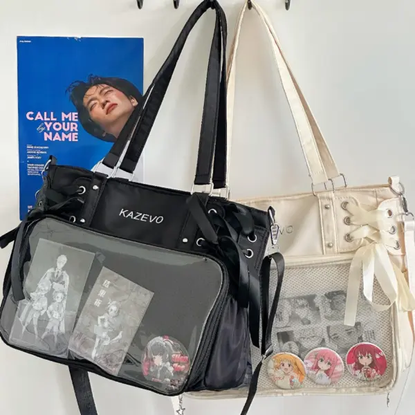 Side view of clear window ita bag with adjustable strap and side pockets