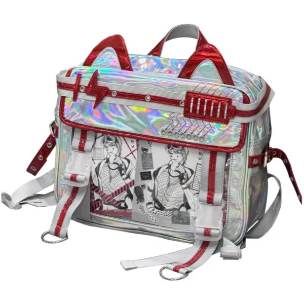cat ear display backpack with clear window and holographic material