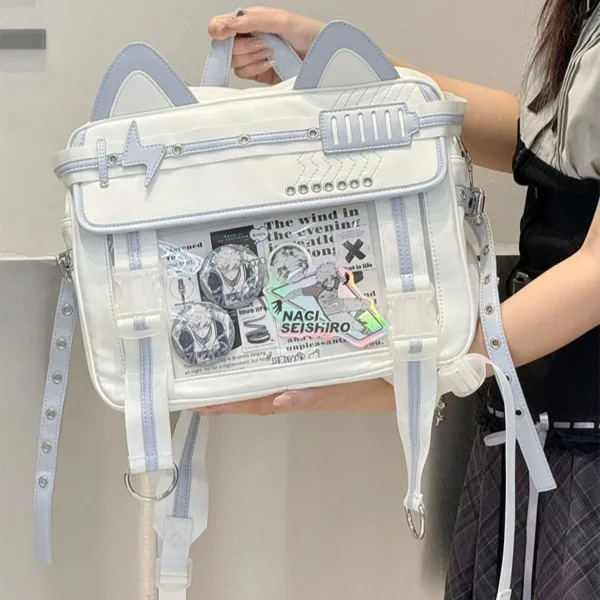 clear window ita bag with adjustable straps and cat ears