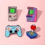 Retro Gaming Enamel Pin Set on Pink Background