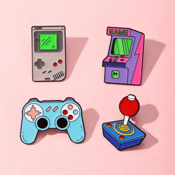 Retro Gaming Enamel Pin Set on Pink Background
