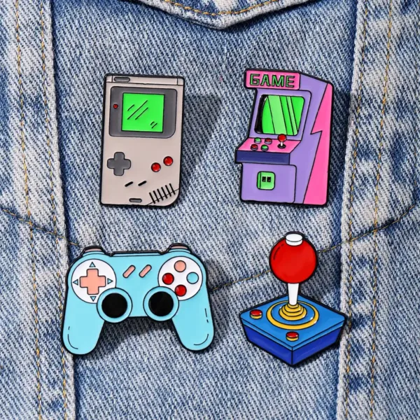 Gaming Enamel Pins Attached to Denim Jacket
