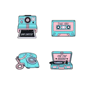 90s Retro Enamel Pin Set – Camera, Record, Cassette, Telephone