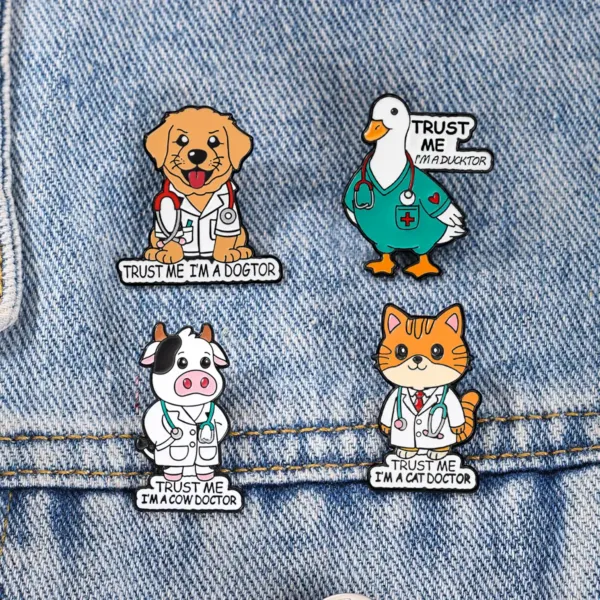 Animal Doctor Enamel Pins on Denim