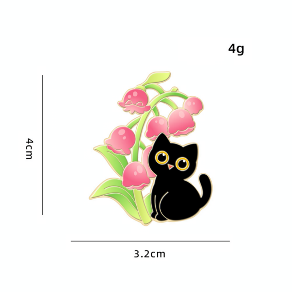 Black Cat Enamel Pin with Lily of Valley