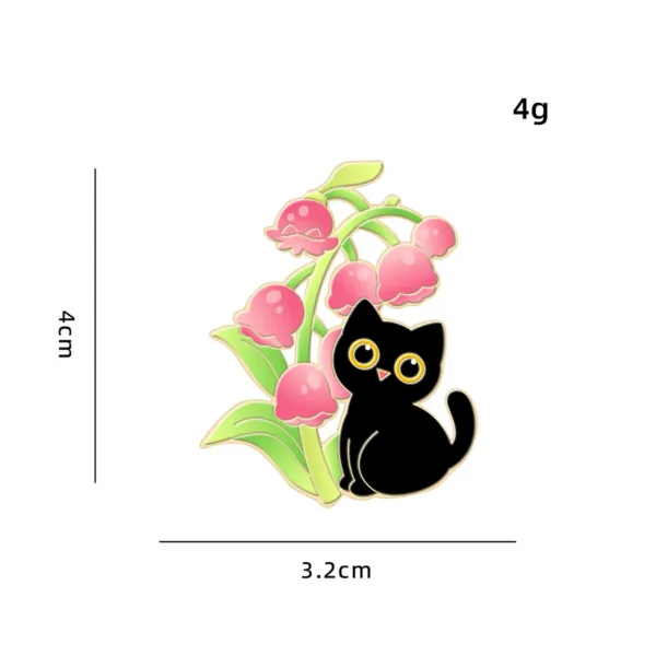 Black Cat Enamel Pin with Lily of Valley