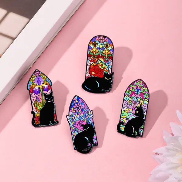 Black Cat Enamel Pins on Pink Surface Black Cat Enamel Pins on Pink Surface