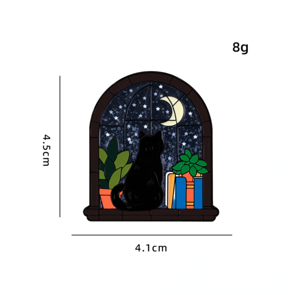 Black cat enamel pin with starry window scene