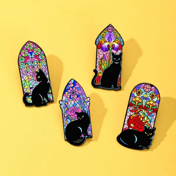 Black Cat Enamel Pins on Yellow Background Black Cat Enamel Pins on Yellow Background