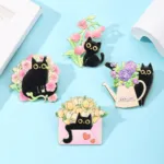 Four Black Cat Enamel Pins with Floral Designs