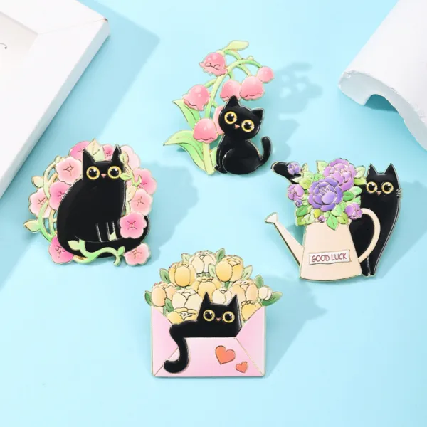 Four Black Cat Enamel Pins with Floral Designs