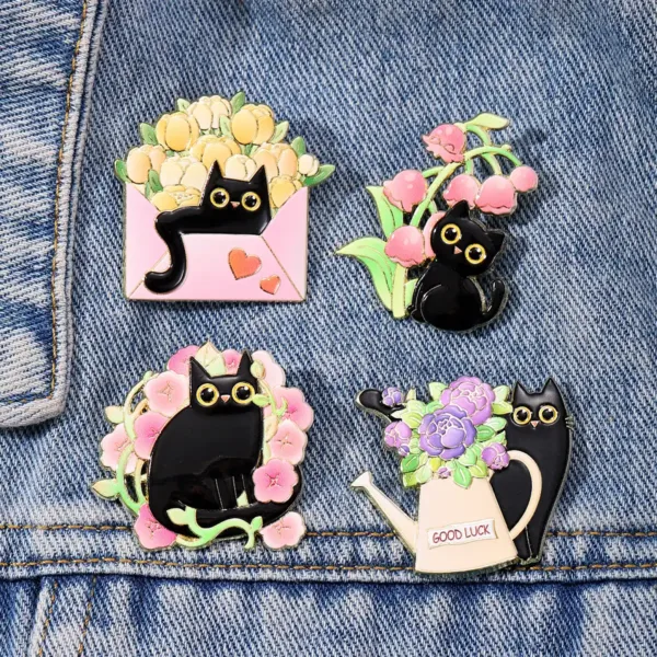 Black Cat Enamel Pins Pinned on Denim Jacket