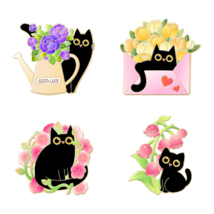 Black Cat Floral Enamel Pins Set Main View Black Cat Floral Enamel Pins Set Main View