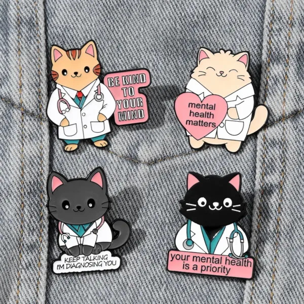 Cat Doctor Enamel Pins on Denim Jacket Cat Doctor Enamel Pins on Denim Jacket