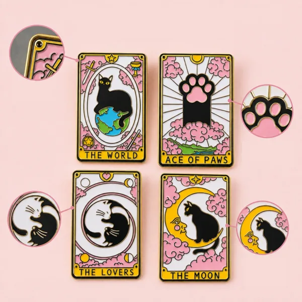 Cat Tarot Enamel Pin Details Close-up details of cat tarot enamel pins showing gold trim and enamel finish