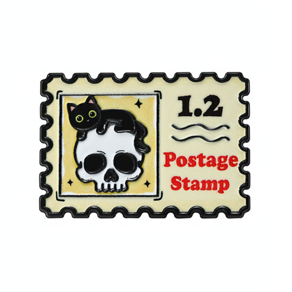 Single postage stamp enamel pin with skull design