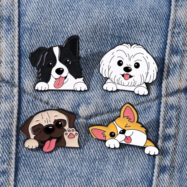 Dog Enamel Pins Attached to Denim Pocket Dog Enamel Pins Attached to Denim Pocket