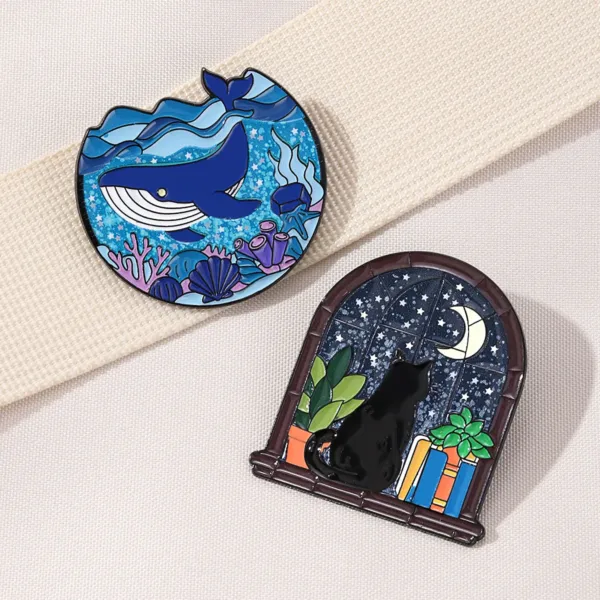 Enamel pin set displayed on cream fabric