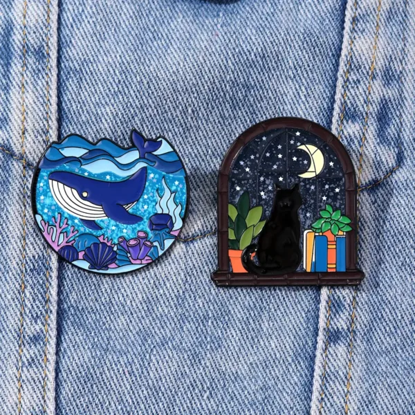 Enamel pins on blue denim fabric