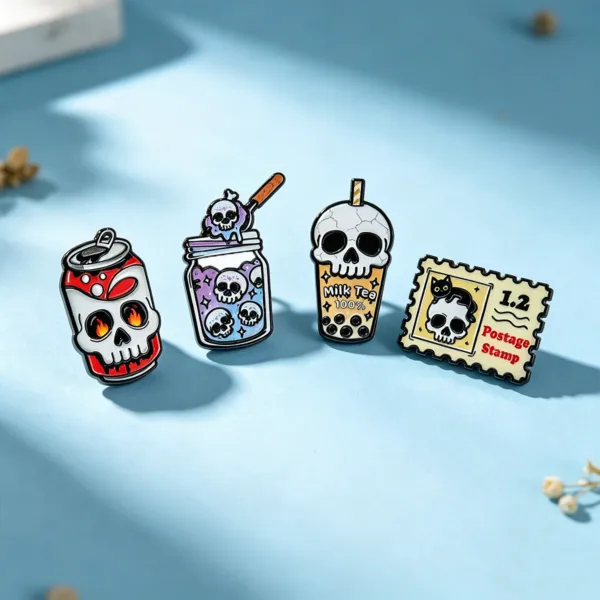 Enamel Pin Set – Four Skull Drink and Stamp Designs Enamel Pin Set – Four Skull Drink and Stamp Designs